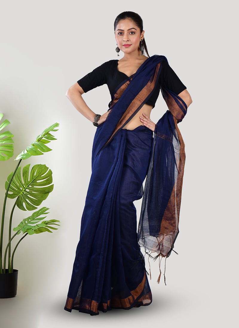 Blue Linen Zari Work Saree After Six Wear