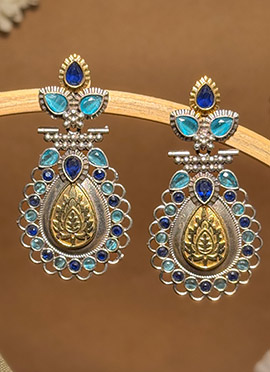 Blue Lotus Engraved Kundan Dangler Earrings
