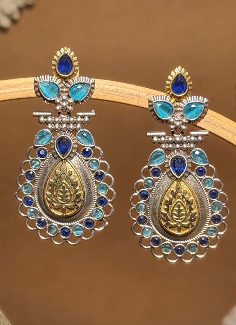 Blue Lotus Engraved Kundan Dangler Earrings Festive Wear