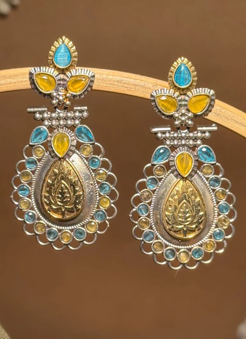 Blue Lotus Engraved Kundan Dangler Earrings Festive Wear