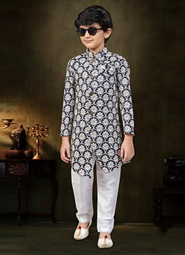 Blue Malai Silk Embroidered Thread Kids Boys Indowestern Sherwani
