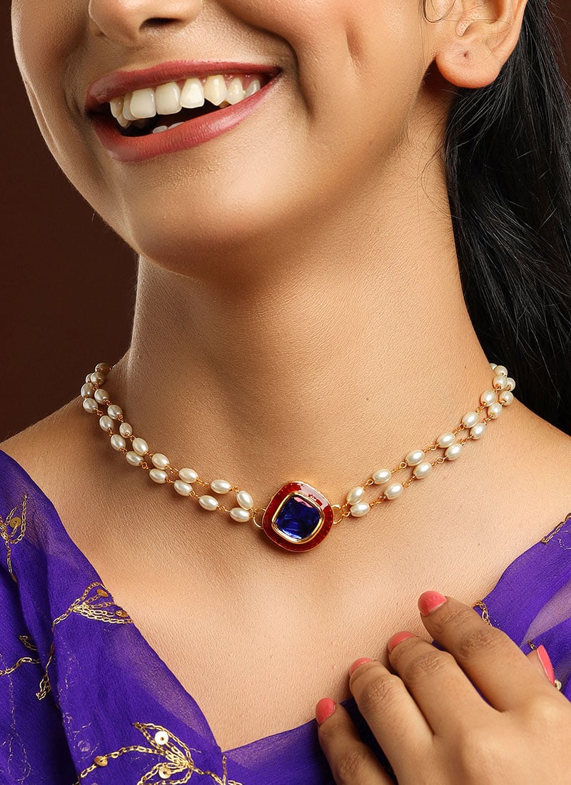 Blue Meenakari Kundan Pearl Choker Festive Wear