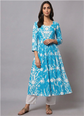 Blue Modal Silk Fit And Flare Indo Kurta Set