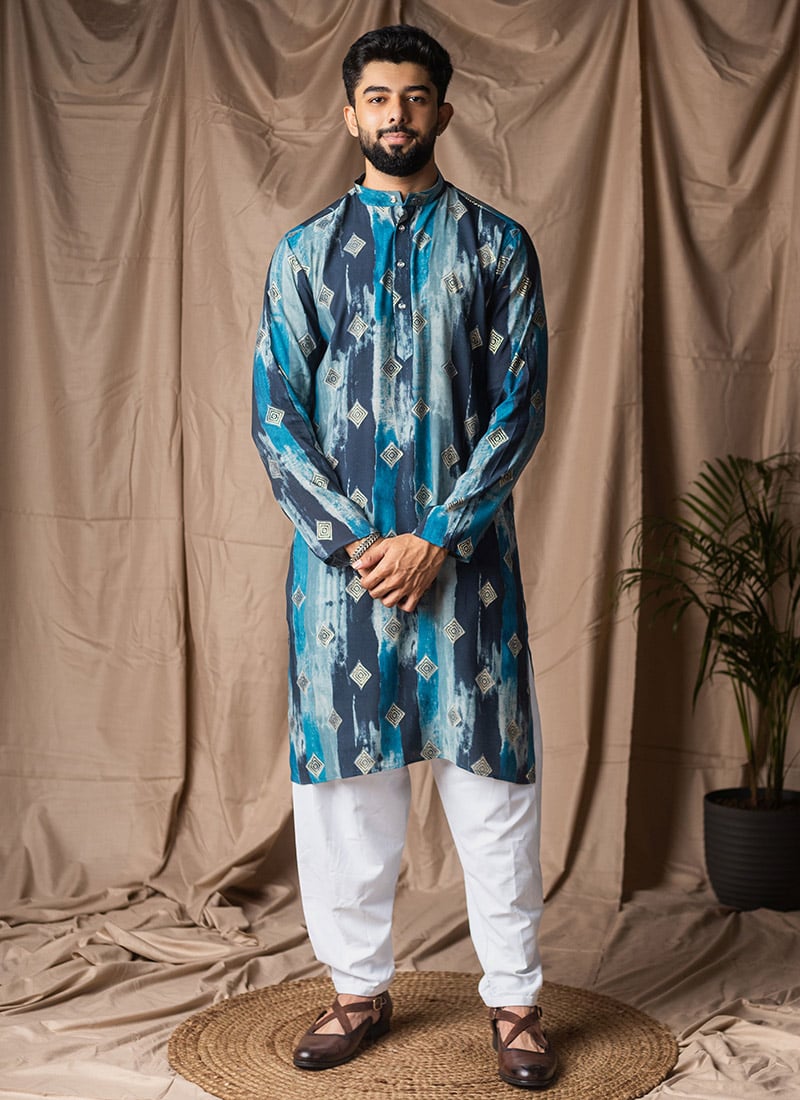 Blue Modal Silk Printed Kurta Pyjama