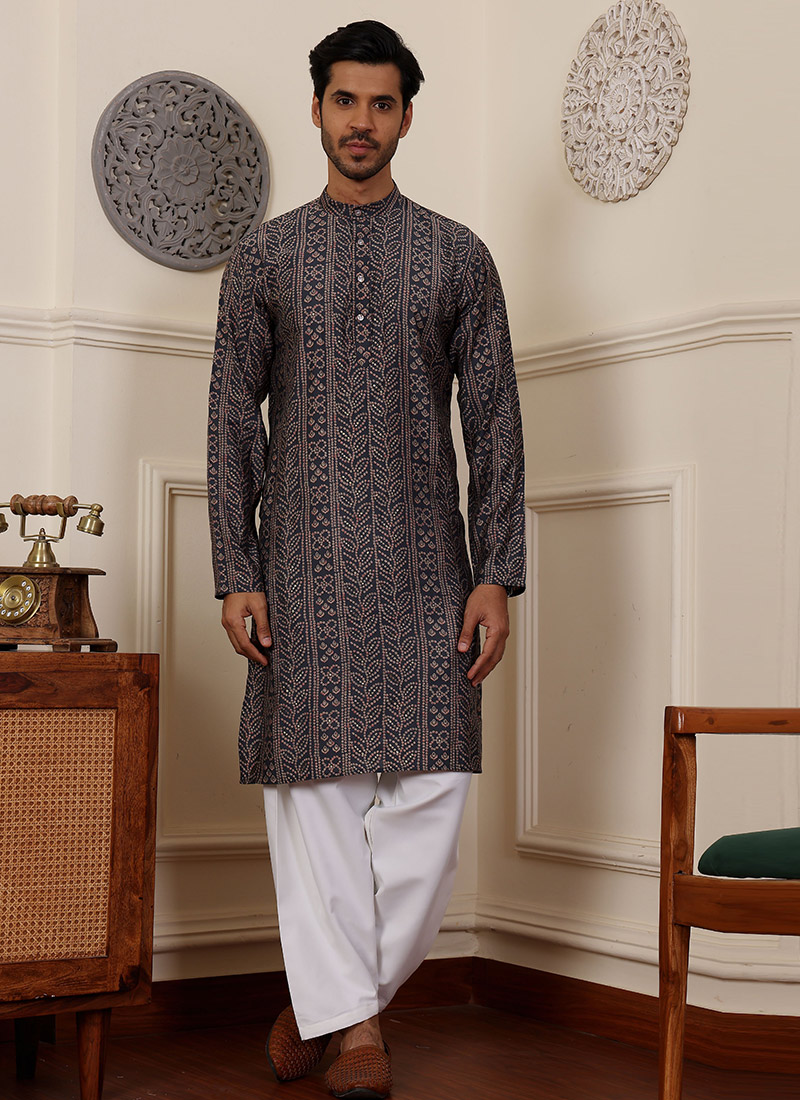 Blue Modal Silk Printed Kurta Pyjama Festive Wear