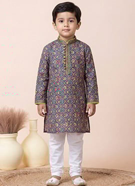 Blue Mono Cotton Polyester Printed Kids Boys Kurta Pyjama