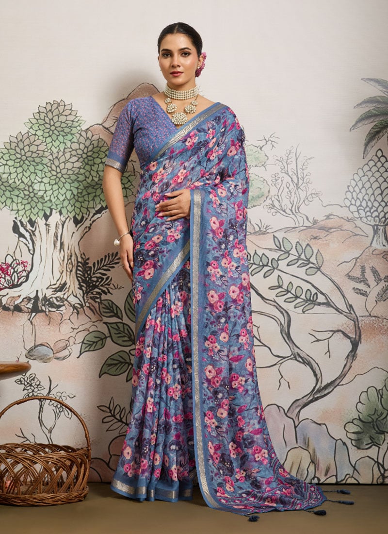 Blue Moss Polyester Digital Print Zari Saree After Six Wear
