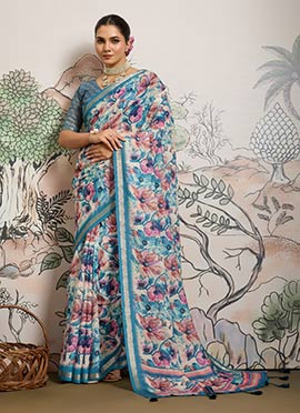 Blue Moss Polyester Digital Print Zari Saree