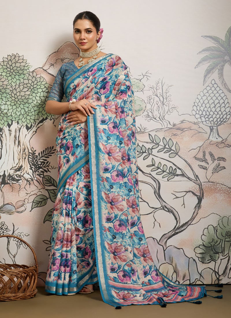 Blue Moss Polyester Digital Print Zari Saree After Six Wear
