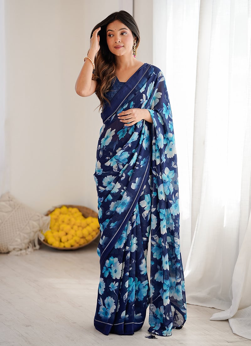 Blue Moss Satin Digital Print Saree After Six Wear