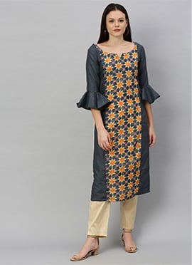 Blue Multicolored Printed Calf Length Kurti