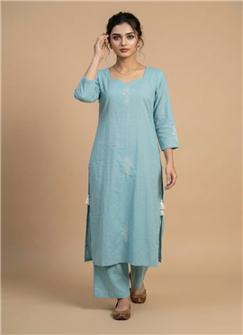 Blue Muslin Cotton Embroidered Kurta Set