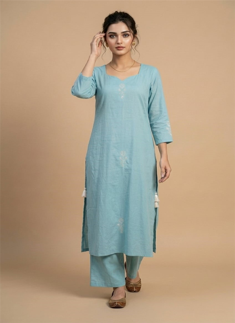 Blue Muslin Cotton Embroidered Kurta Set After Six Wear
