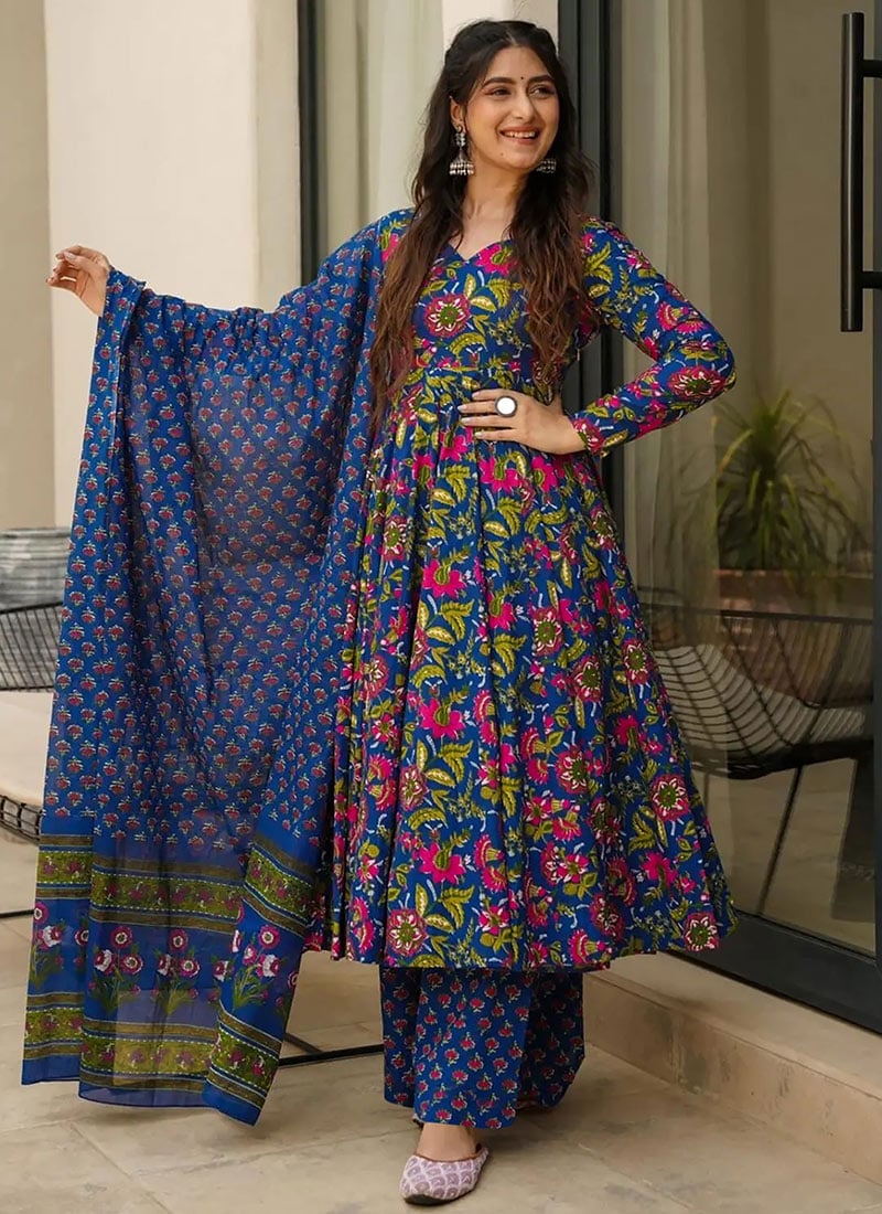 Blue Muslin Digital Print Anarkali Suit  Festive Wear