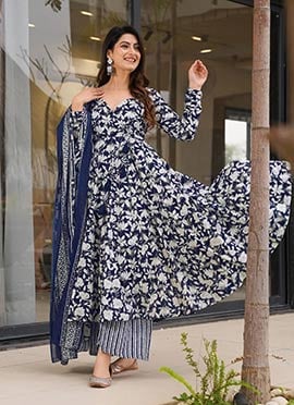 Blue Muslin Digital Print Anarkali Suit