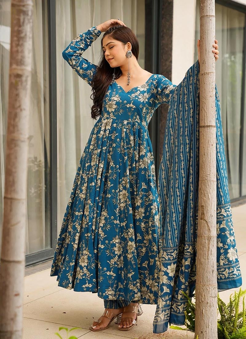 Blue Muslin Digital Print Anarkali Suit After Six Wear
