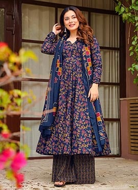 Blue Muslin Digital Print Anarkali Suit