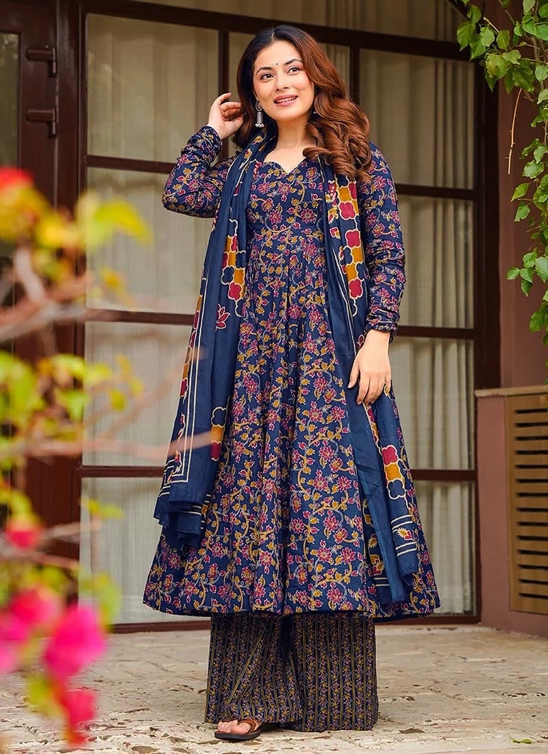 Blue Muslin Digital Print Anarkali Suit After Six Wear
