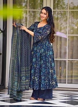 Blue Muslin Digital Print Flared Anarkali Suit