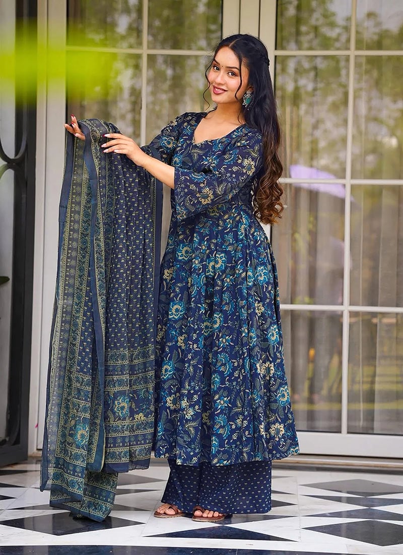 Blue Muslin Digital Print Flared Anarkali Suit After Six Wear