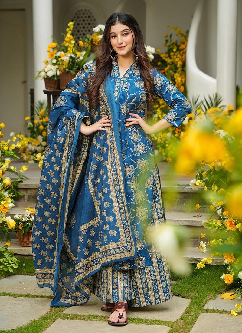 Blue Muslin Digital Print Palazzo Suit After Six Wear