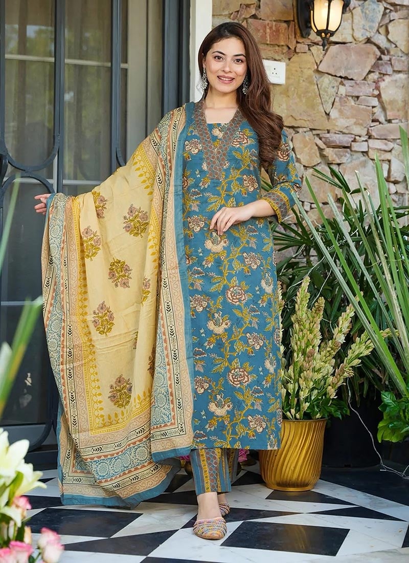 Blue Muslin Digital Print Straight Pant Suit After Six Wear