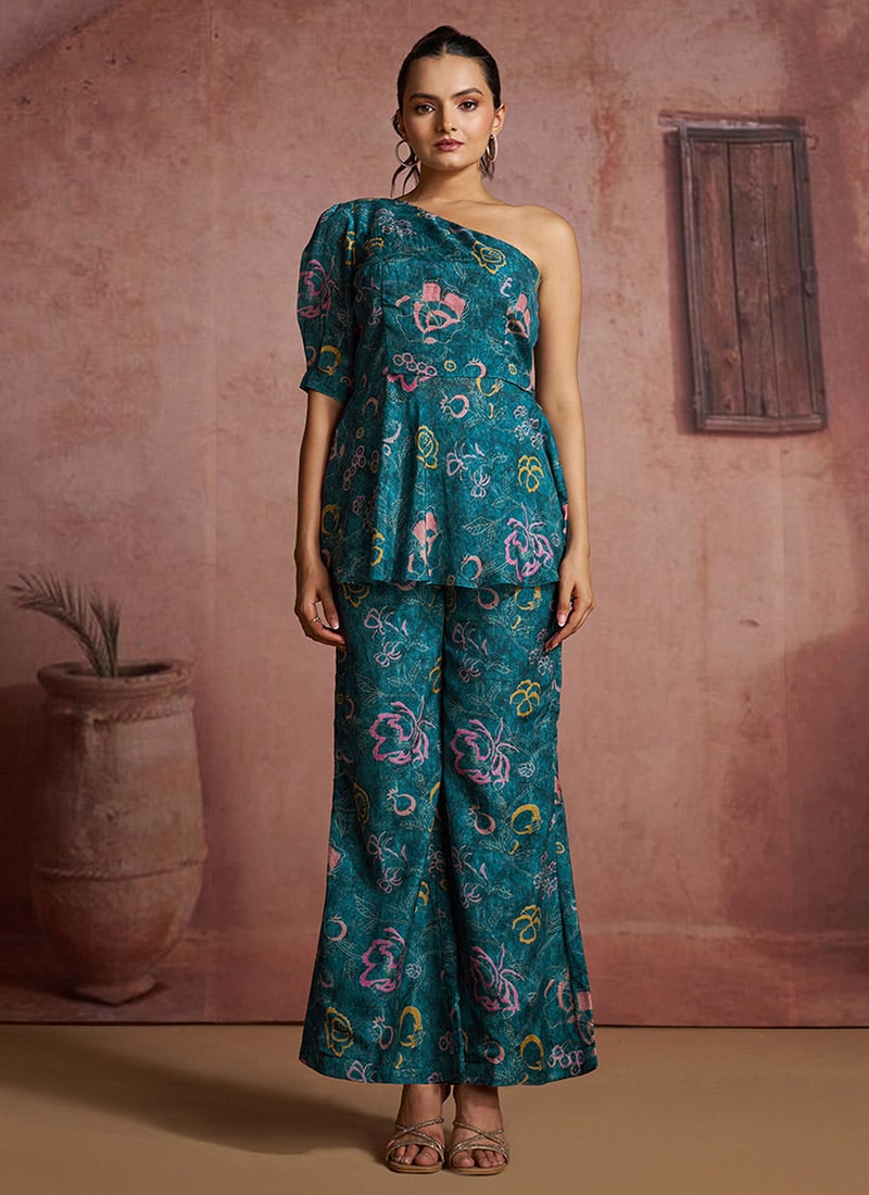Blue Muslin Silk Printed Indowestern Sets And Suits After Six Wear