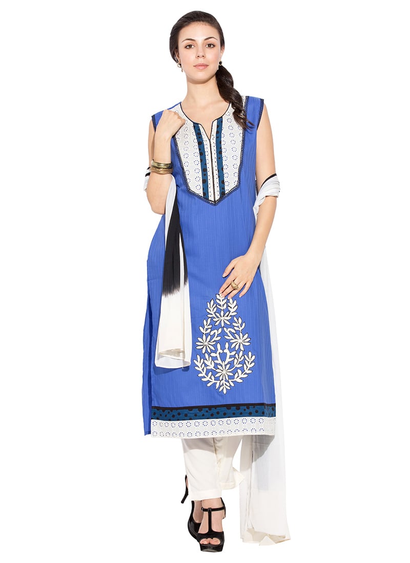 Blue N Off White Cotton Straight Pant Suit