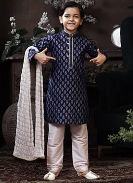 Blue N White Cotton Printed Boys Kurta Pyjama
