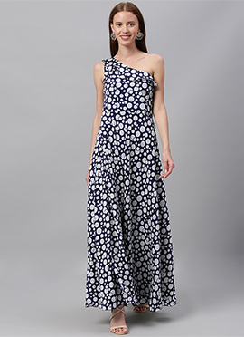 Blue N White Printed Ankle Length Dress