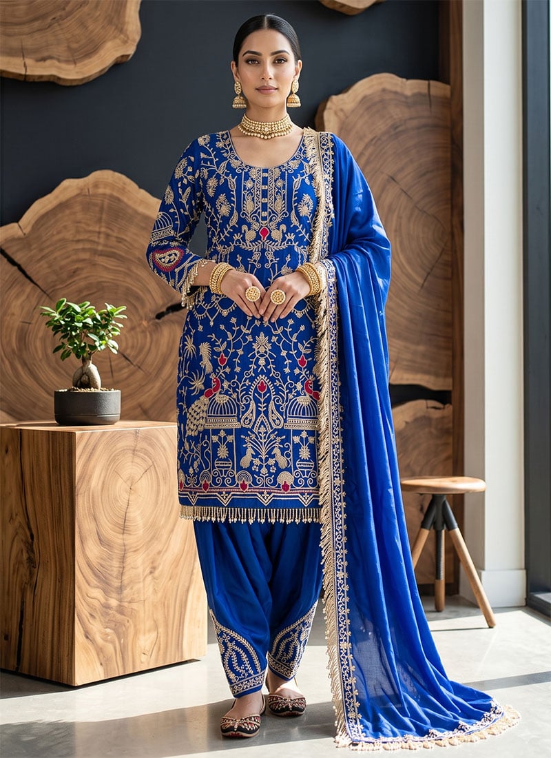 Blue Natural Crepe Embroidered Patiala Salwar Suit Festive Wear
