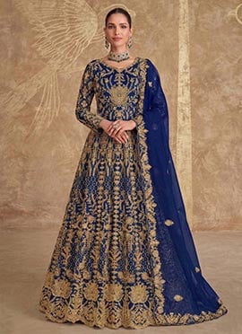 Blue Net Anarkali Suit Crafted With Zari Embroidery