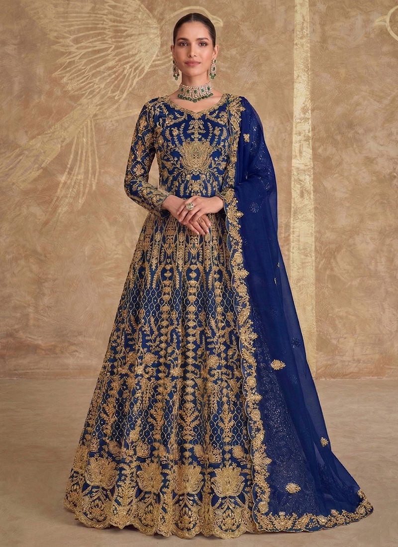 Blue Net Anarkali Suit Crafted With Zari Embroidery  Wedding Wear