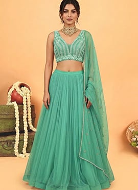 Blue Net Cutdana Beads Sequins Hand Embroidered Lehenga