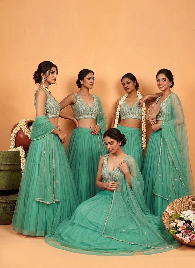Blue Net Cutdana Beads Sequins Hand Embroidered Lehenga Wedding Wear
