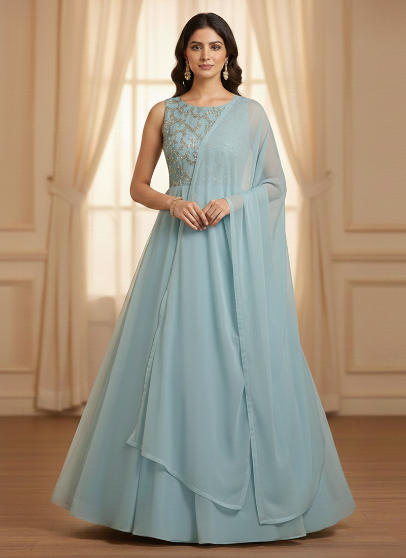 Blue Net Embroidered Anarkali Suit Festive Wear
