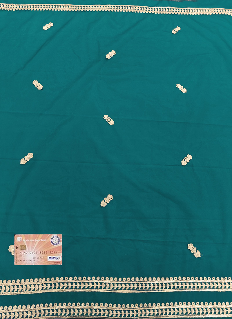 Teal Blue Net Embroidered Fabric
