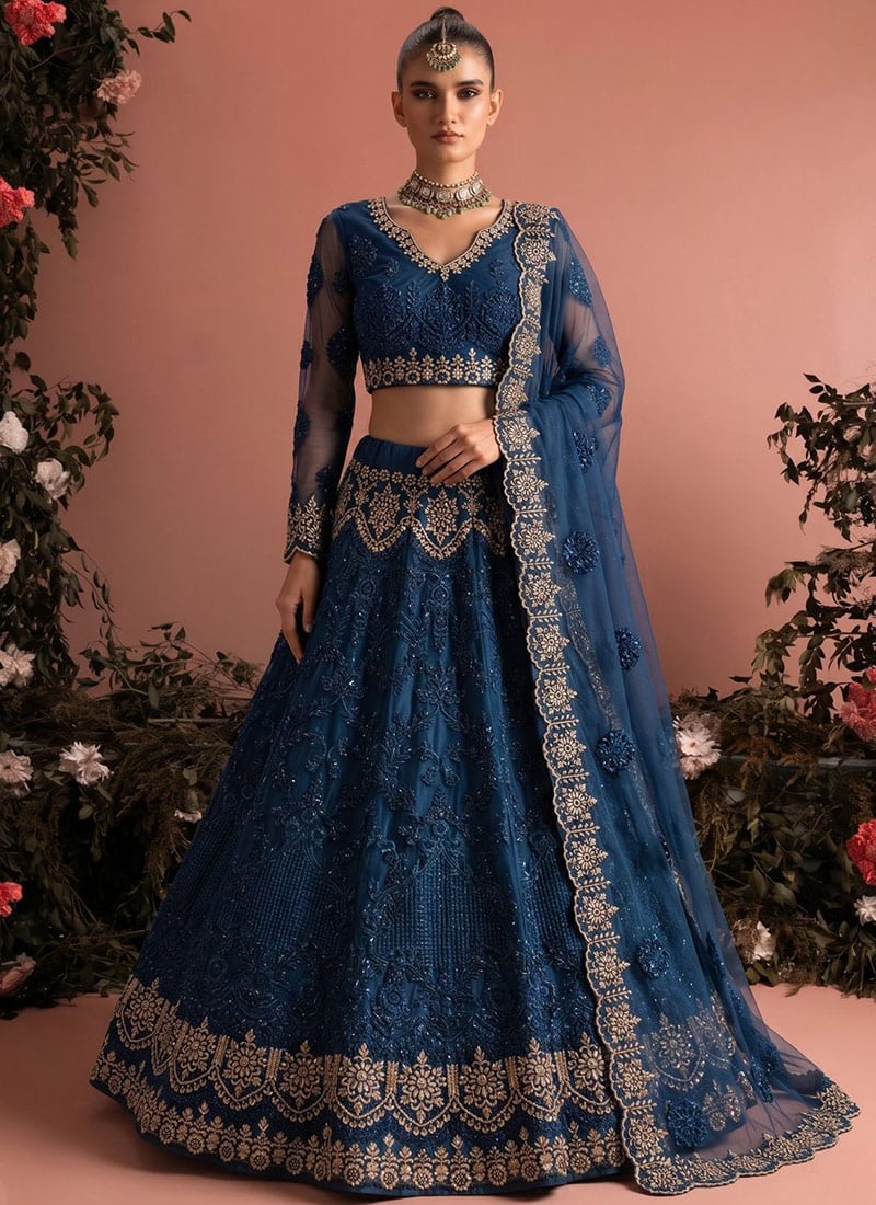 Blue Net Embroidered Lehenga Wedding Wear