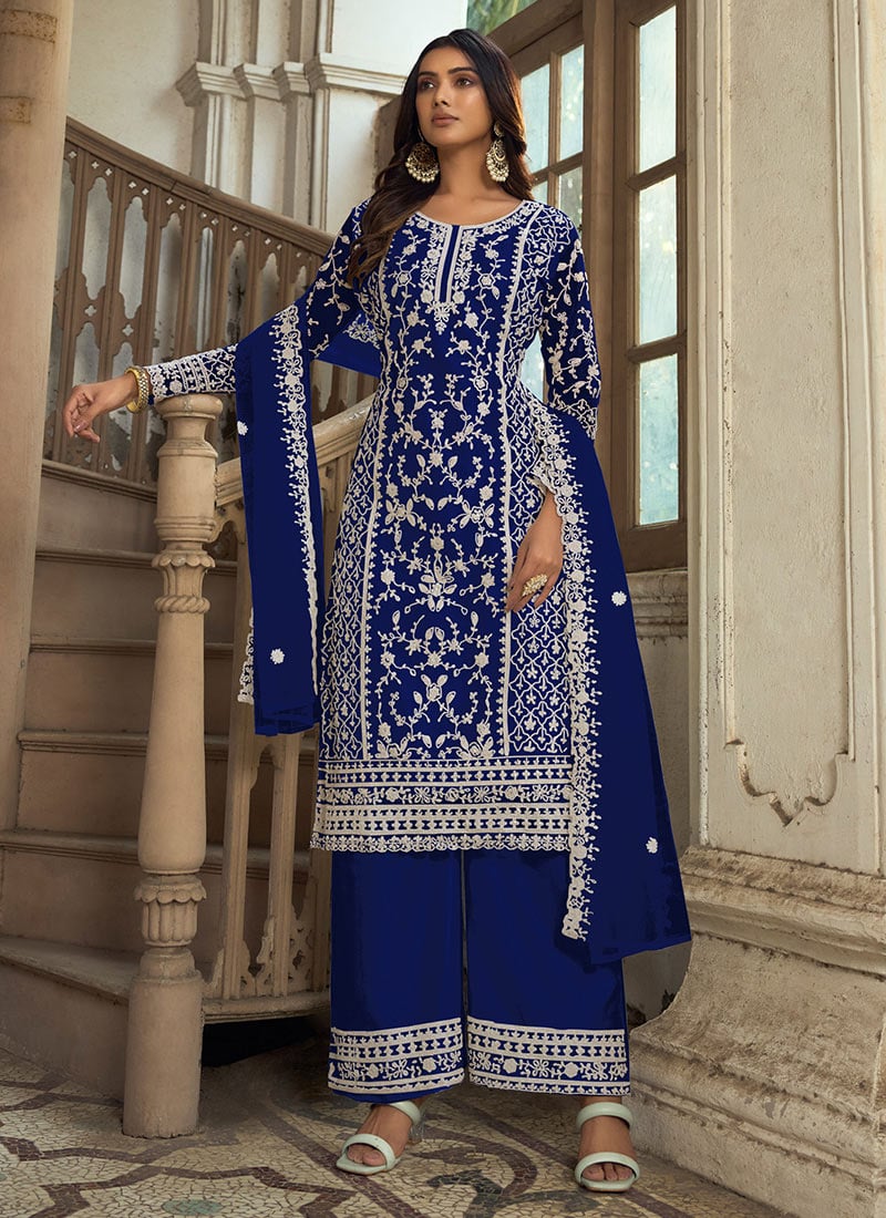 Blue Net Embroidered Palazzo Suit Party Wear