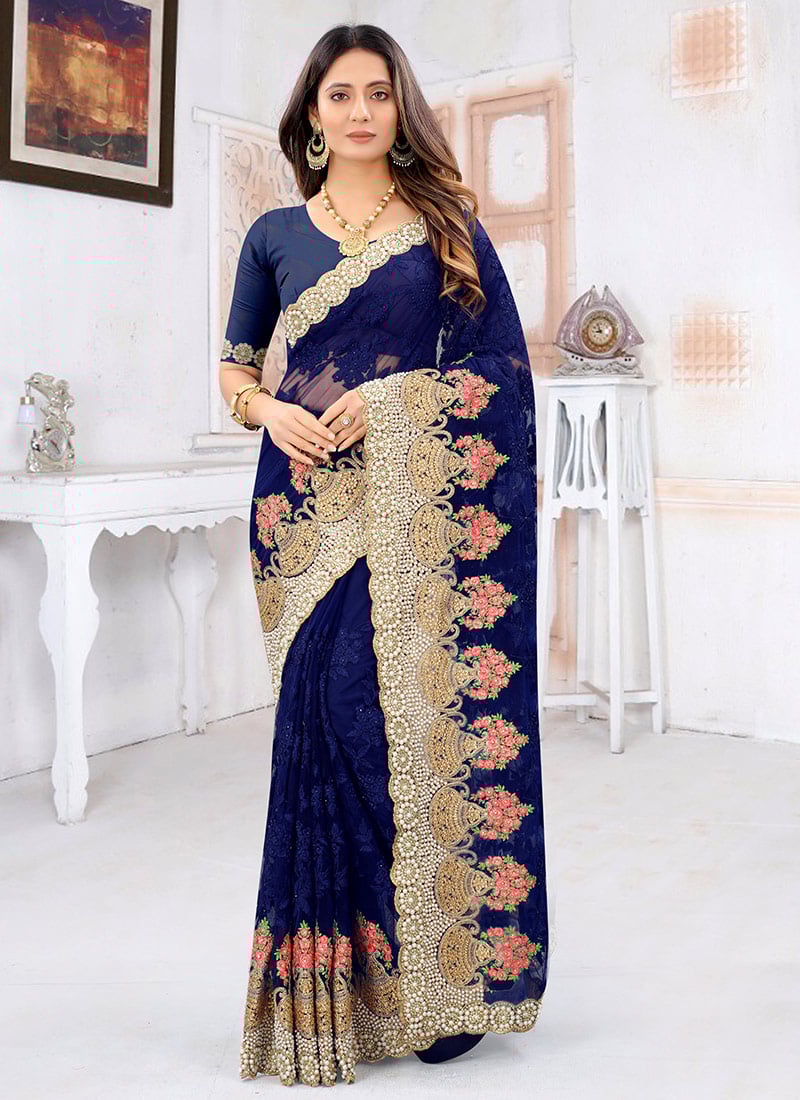 Blue Net Embroidered Saree