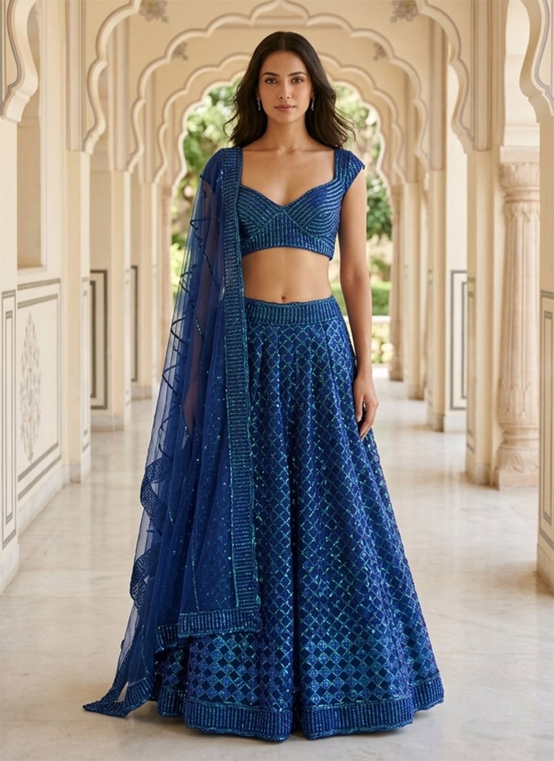 Blue Net Embroidered Sequins Lehenga Wedding Wear