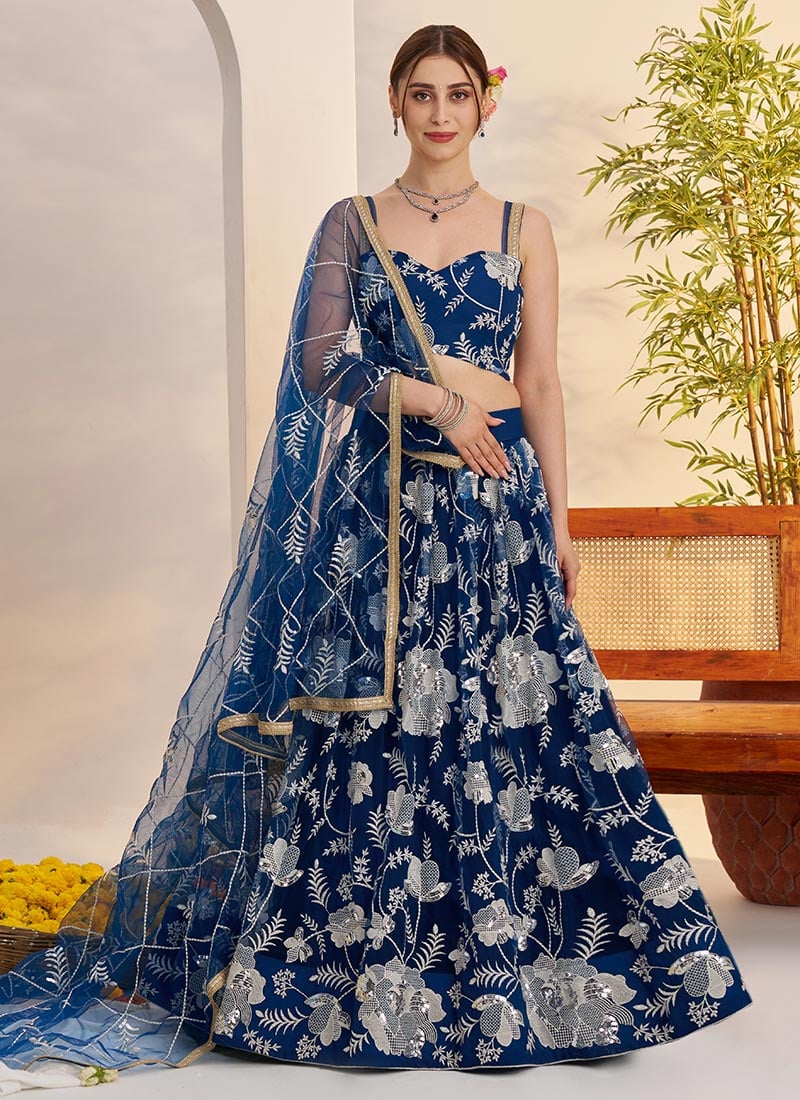 Blue Net Embroidered Sequins Umbrella Lehenga Wedding Wear