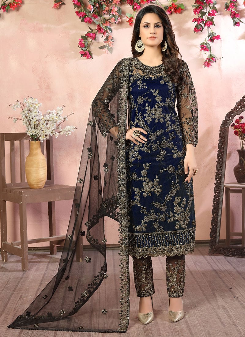 Blue Net Embroidered Straight Pant Suit Party Wear
