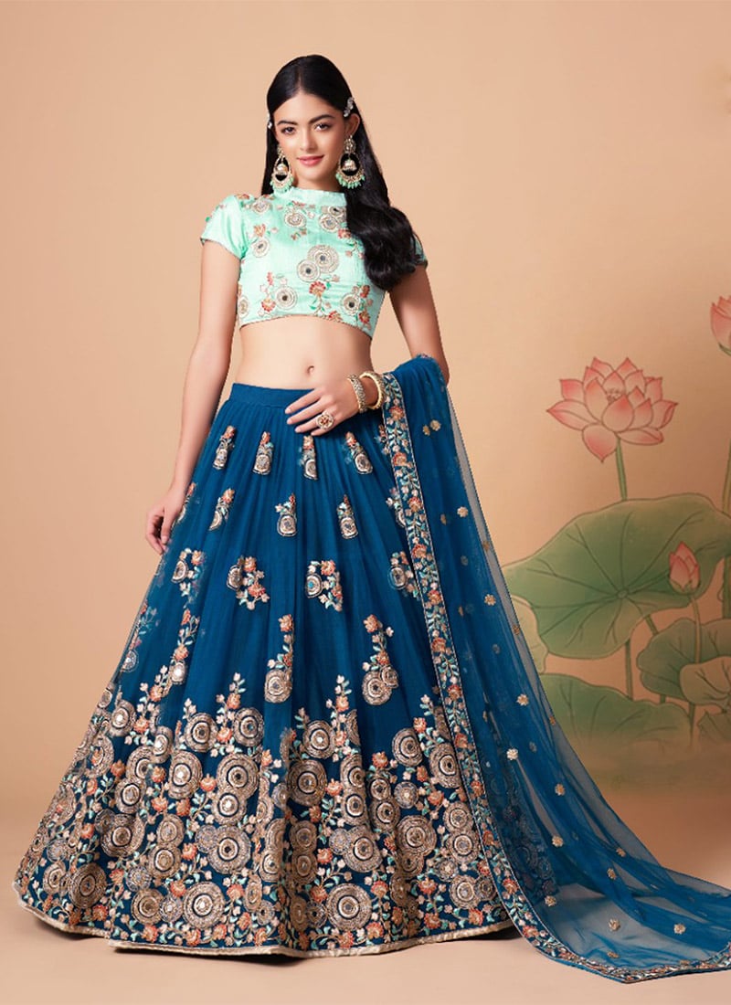 Blue Net Embroidered Umbrella Lehenga Party Wear