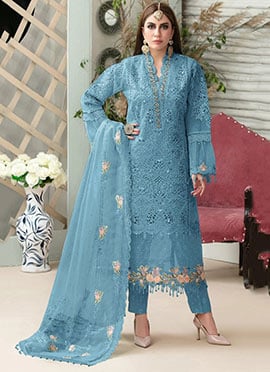 Blue Net Embroidery Straight Pant Suit