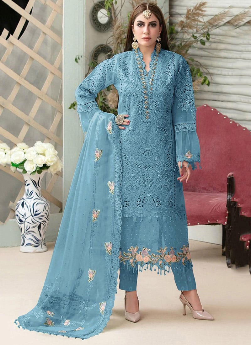 Blue Net Embroidery Straight Pant Suit Party Wear