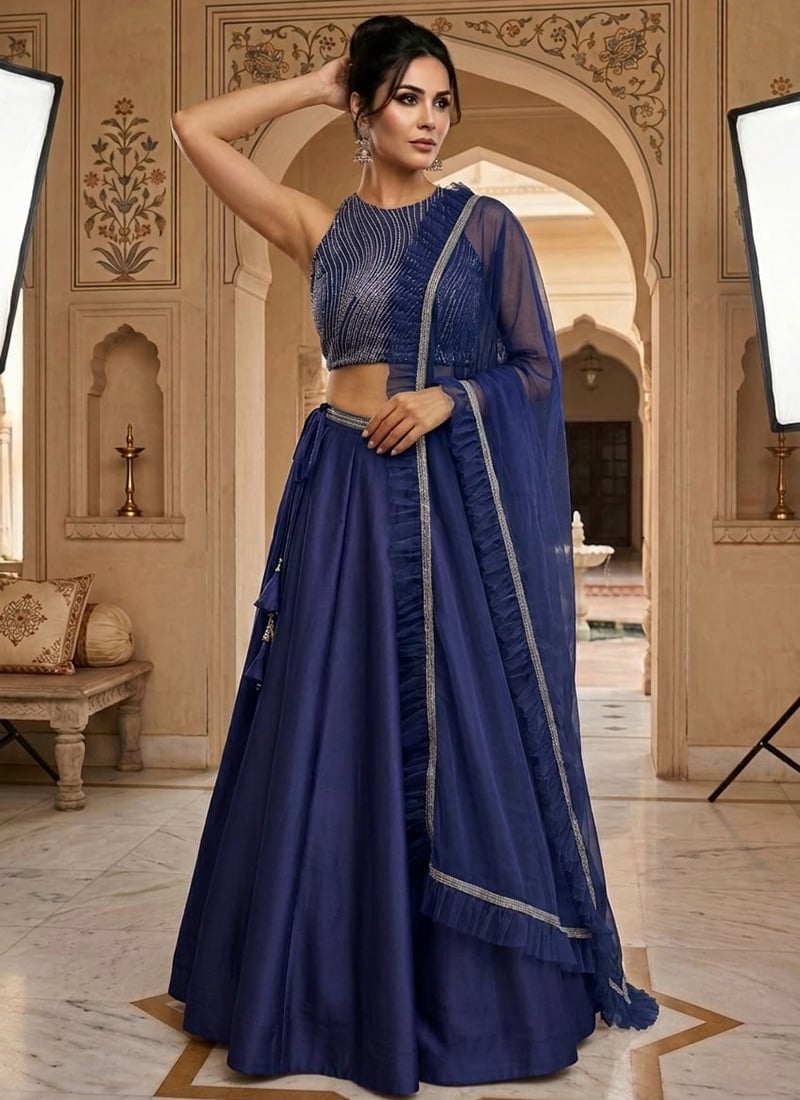 Blue Net Hand Embroidered Sequins Lehenga. Wedding Wear