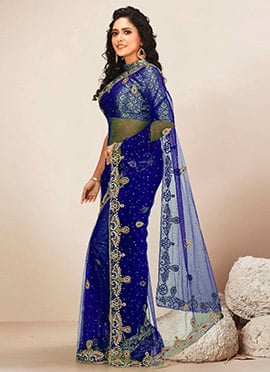 Blue Net Hand Embroidery Work Saree
