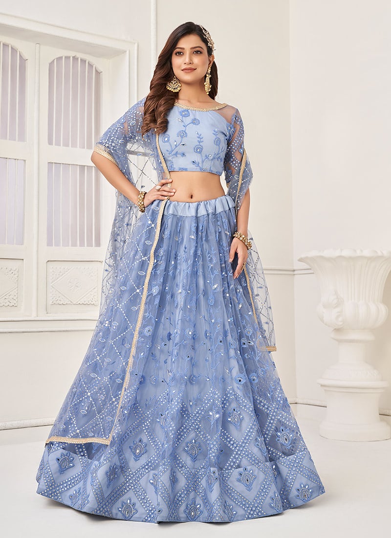 Blue Net Thread Embroidered Umbrella Lehenga Party Wear