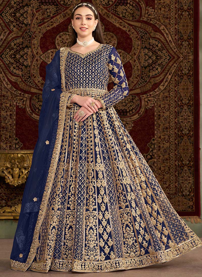 Blue Net Sequins And Gota Embroidered A Line Anarkali For Ethnic Glam Wedding Wear